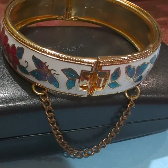 Vintage Cloisonne Floral Enamel Bangle Bracelet And Earrings - Picture 4 of 7